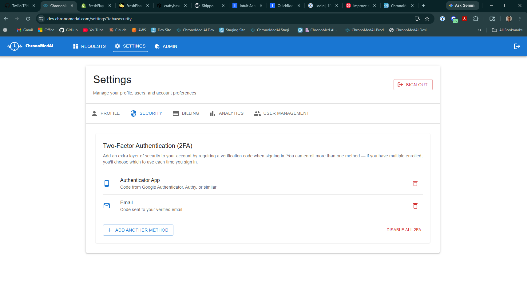 ChronoMedAI portal Settings page, Security tab, showing the Two-Factor Authentication panel with currently-enabled methods (Authenticator App, Email) and an 'Add another method' button.