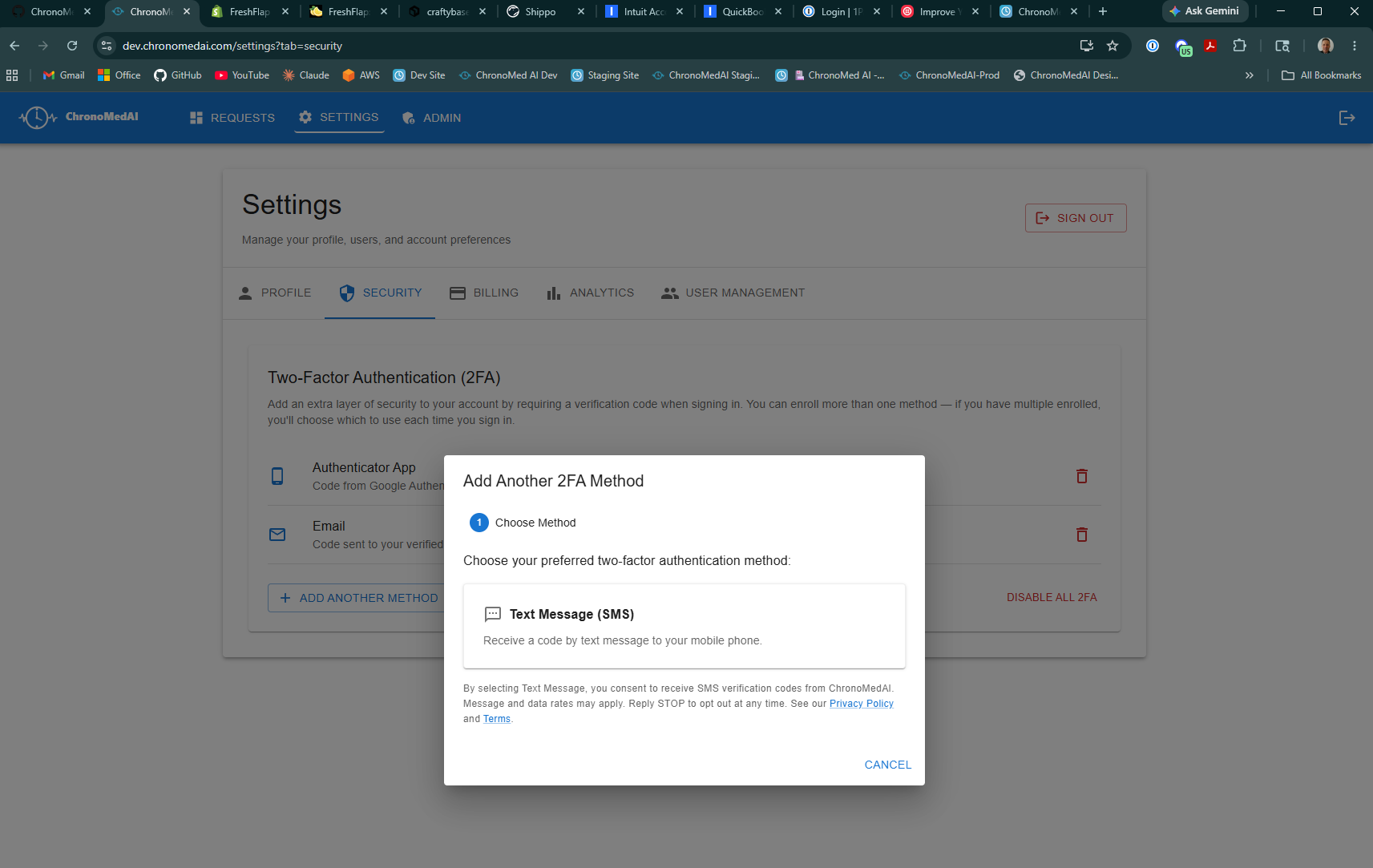 ChronoMedAI portal 'Add Another 2FA Method' dialog, Choose Method step, showing the 'Text Message (SMS)' option labeled 'Receive a code by text message to your mobile phone' and a disclosure paragraph beginning 'By selecting Text Message, you consent to receive SMS verification codes from ChronoMedAI. Message and data rates may apply. Reply STOP to opt out at any time. See our Privacy Policy and Terms.'