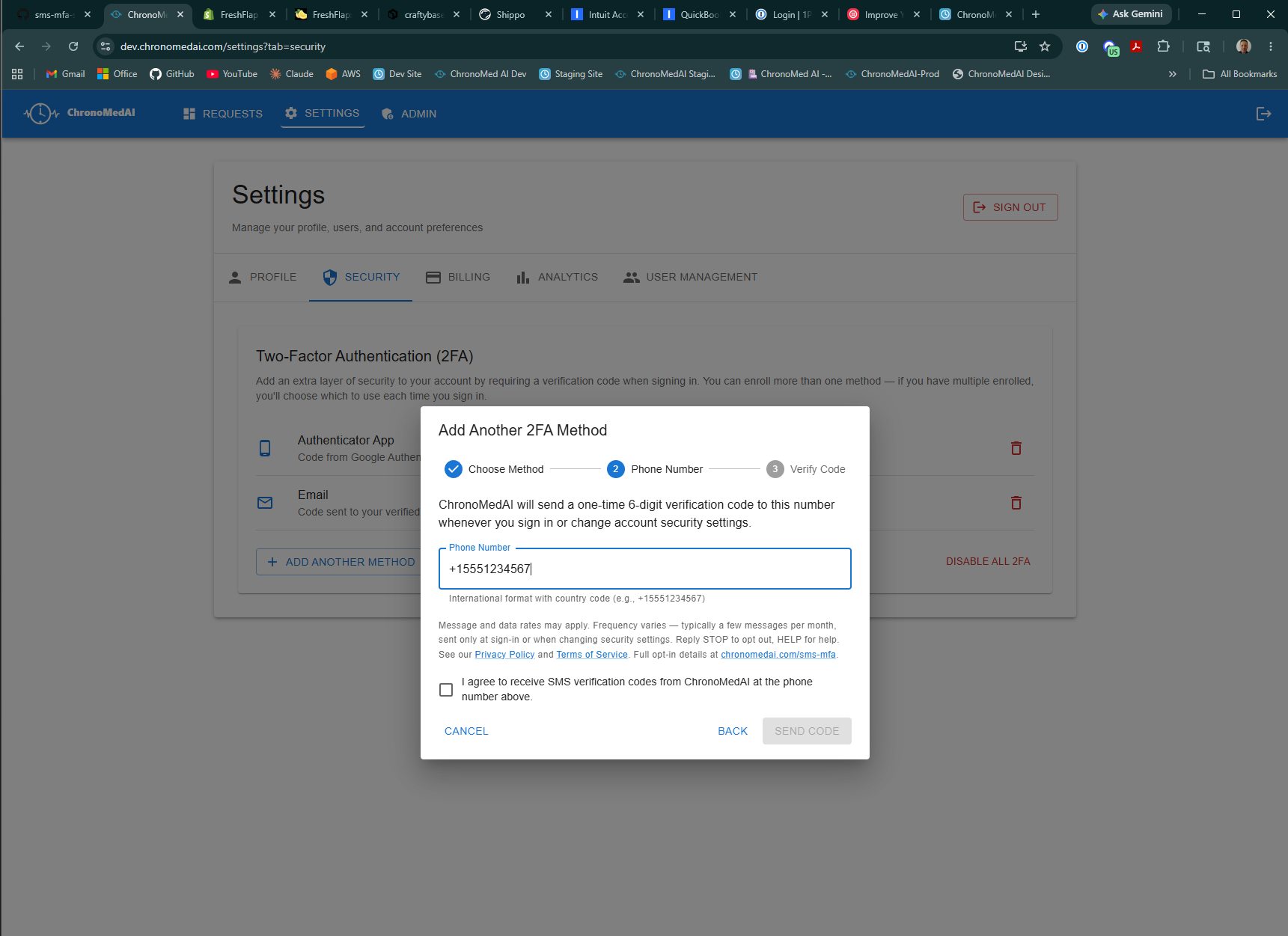 ChronoMedAI portal 'Add Another 2FA Method' dialog, Phone Number step. Visible: phone number input filled with +15551234567 in international format, description 'ChronoMedAI will send a one-time 6-digit verification code to this number whenever you sign in or change account security settings', disclaimer paragraph stating 'Message and data rates may apply. Frequency varies — typically a few messages per month, sent only at sign-in or when changing security settings. Reply STOP to opt out, HELP for help' with links to Privacy Policy, Terms of Service, and chronomedai.com/sms-mfa. An unchecked checkbox labeled 'I agree to receive SMS verification codes from ChronoMedAI at the phone number above'. Cancel, Back, and Send Code buttons. Send Code is grayed out (disabled) because the consent checkbox is not yet checked.