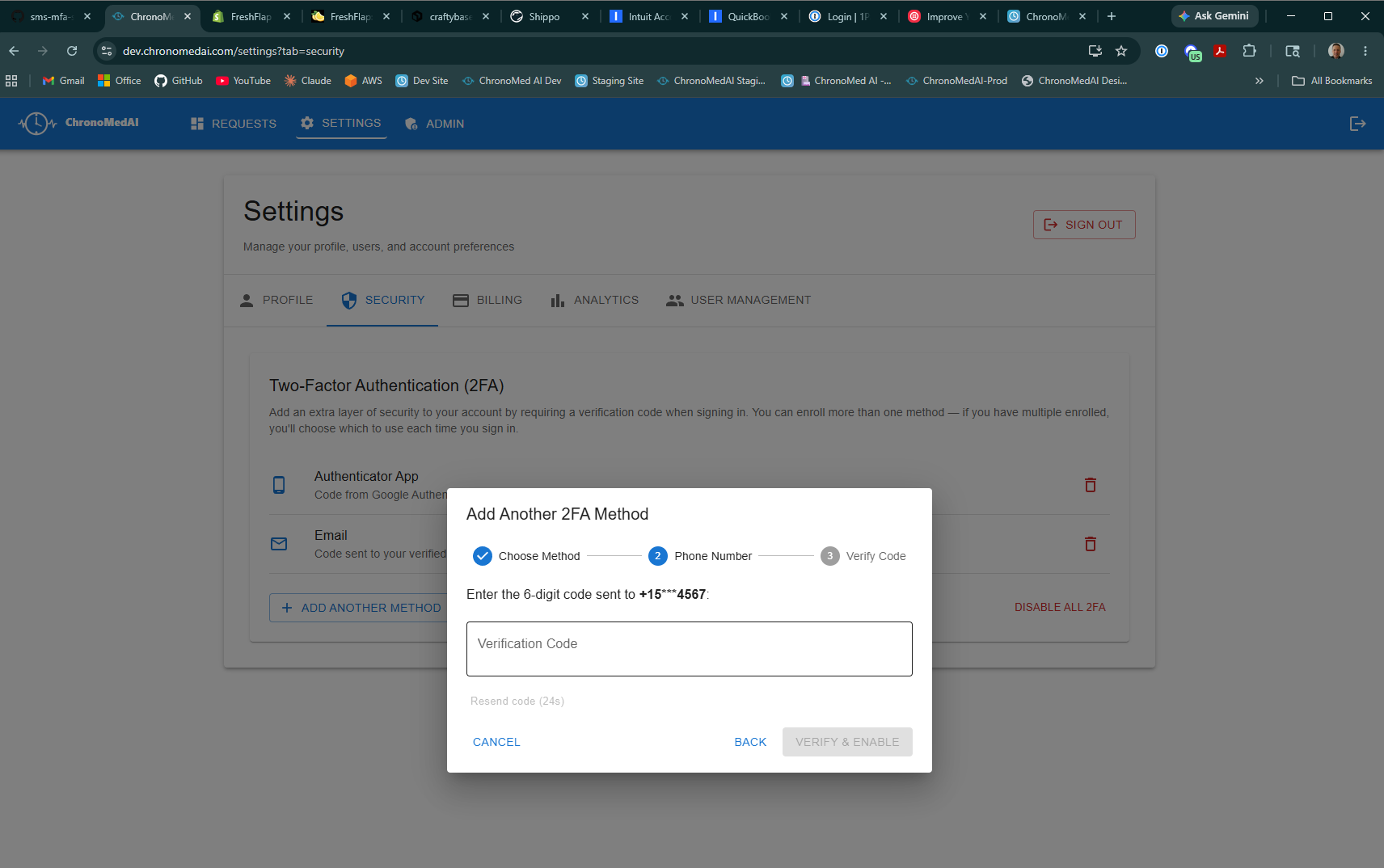 ChronoMedAI portal 'Add Another 2FA Method' dialog, Verify Code step, showing 'Enter the 6-digit code sent to +15***4567' (the user's phone number masked except for the first 3 and last 4 digits), an empty Verification Code input, a 'Resend code' link, and Cancel, Back, and Verify & Enable buttons. Verify & Enable is grayed out because no code has been entered yet.